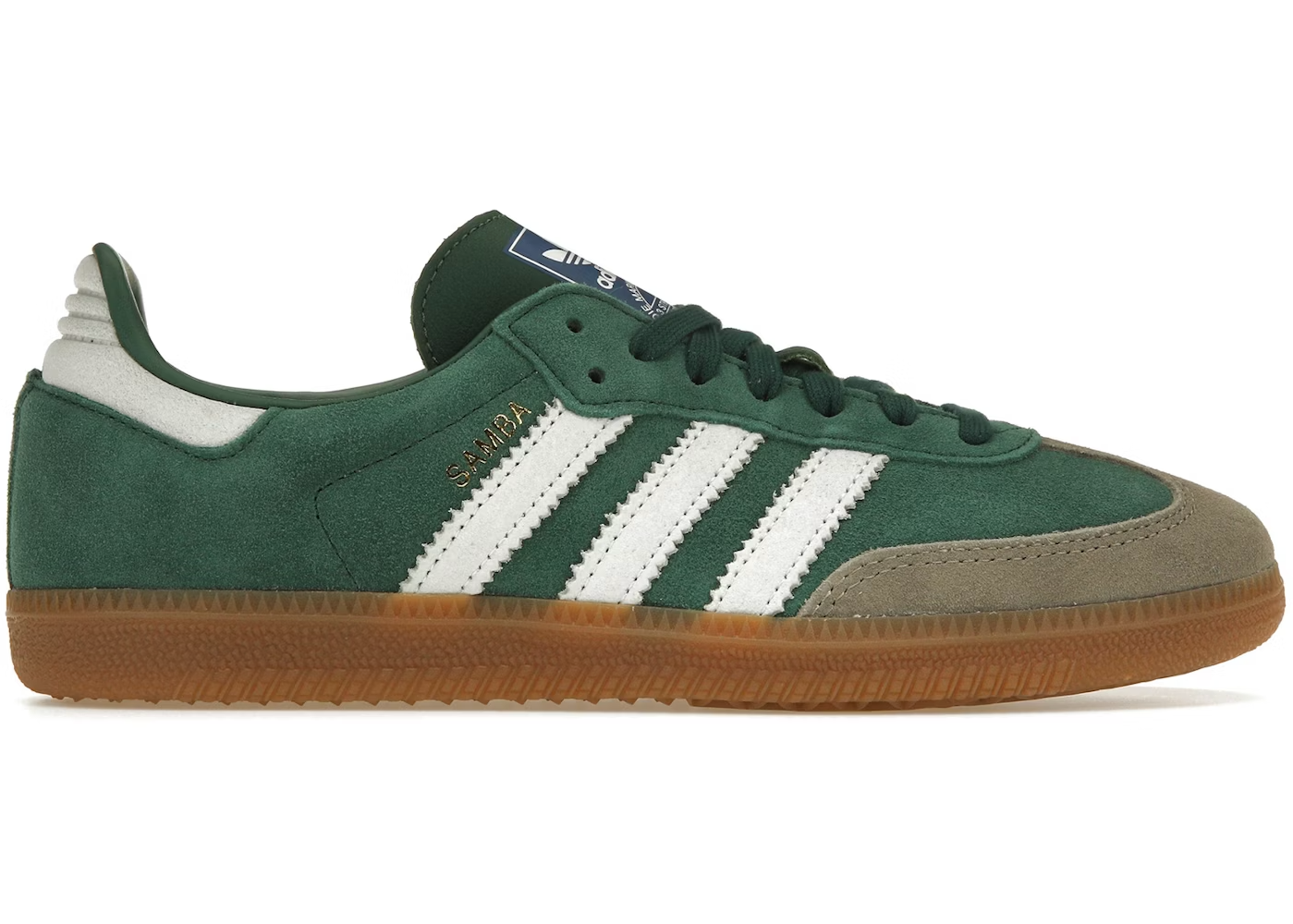 Adidas Samba OG Collegiate Green Gum Grey Toe.
Denne sneaker er perfekt til at skille sig ud på gaden. Den kommer i en smuk grøn farve og skiller sig bestemt ud fra mængden. Køb denne lækre sneaker her hos os.
set fra siden