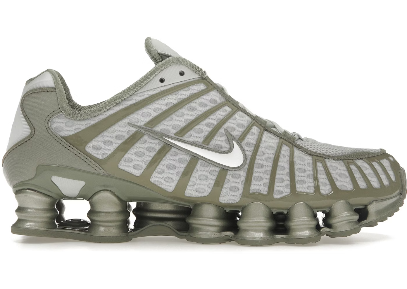 Nike Shox TL Light Army (Women’s) – retro sneaker i Light Silver, White og Light Army med fuld Shox-støddæmpning. Model AR3566-006, udgivelse 2024.
